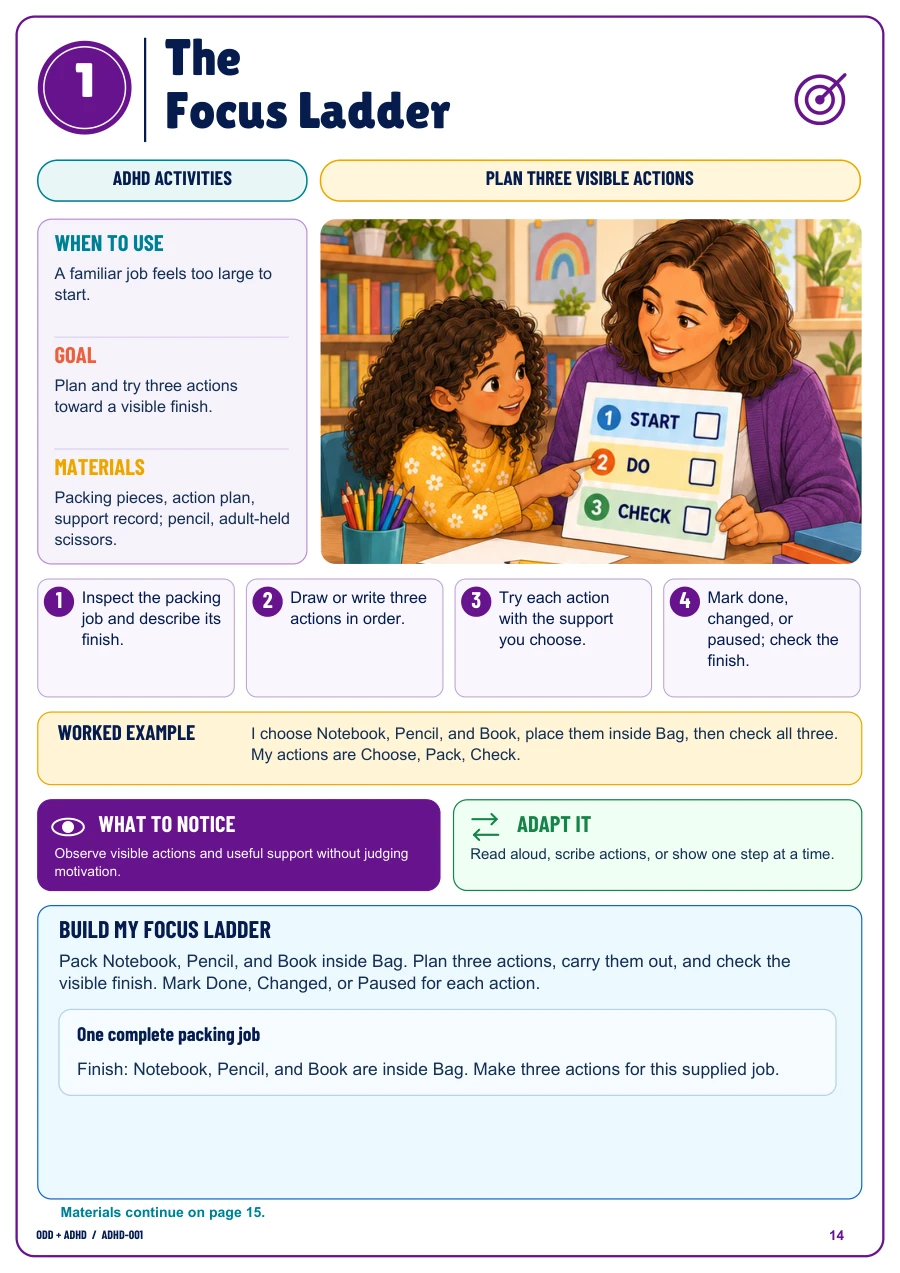 Actual Focus Ladder activity page from the completed toolkit