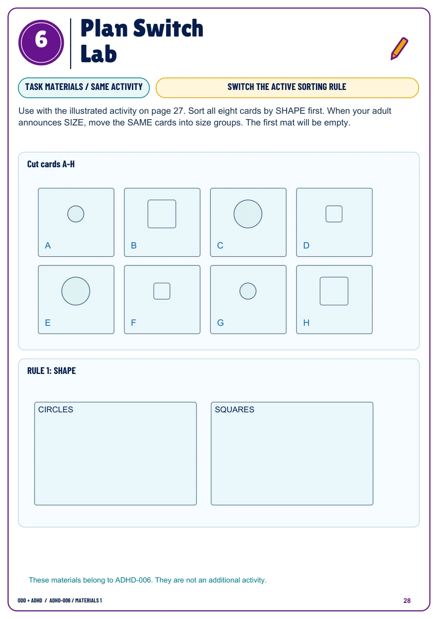 Actual Plan Switch Lab sorting mats and cut-out shape cards