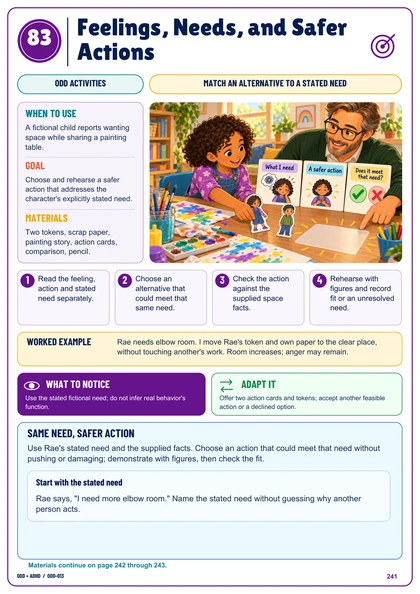 Actual Feelings, Needs, and Safer Actions illustrated activity page
